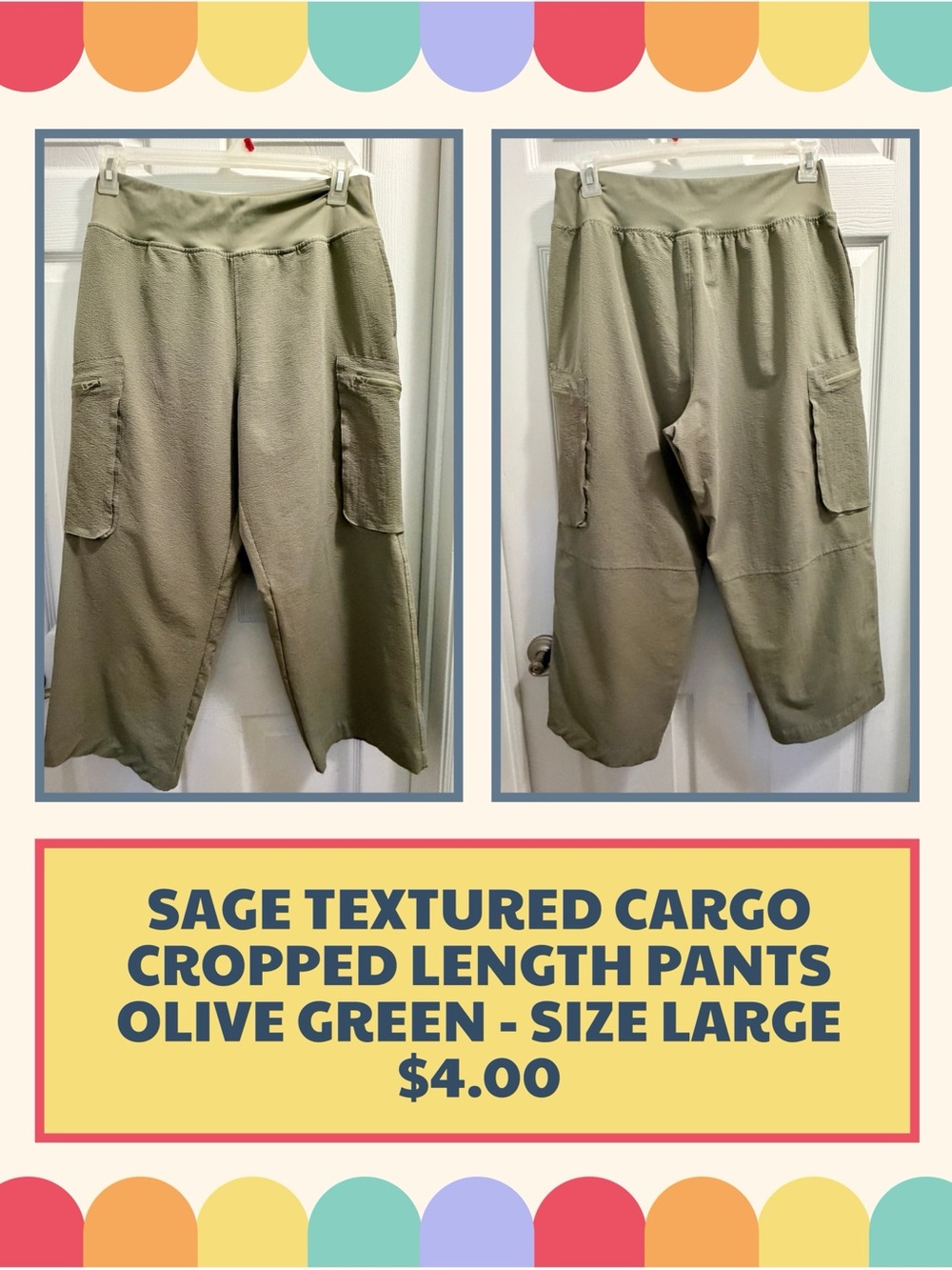 Sage Olive Green Textured Cargo Crop Pants